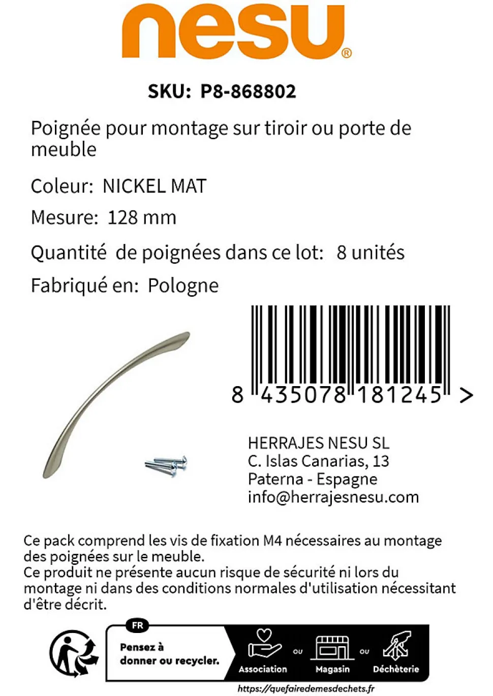 8 Un. poignées de meuble en zamak nickel mat pour tous les types s et armoire - entraxe 128MM
