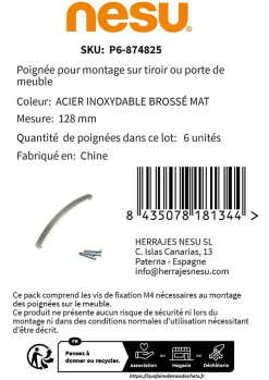 6 Un. poignées de meuble en inox mat pour armoire cuisine et tiroir - entraxe 128MM