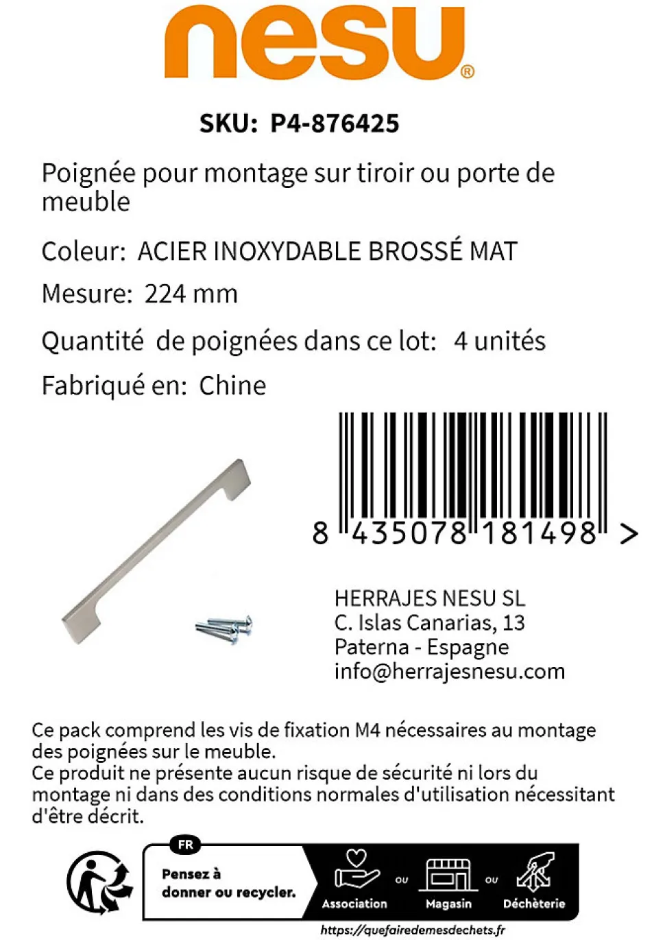 4 Un. poignées de meuble en 224MM inox mat cuisine tiroir armoire