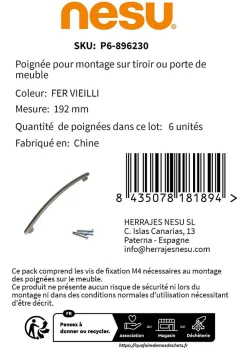 6 Un. poignées de meuble en 192MM fer vieilli cuisine porte tiroir armoire