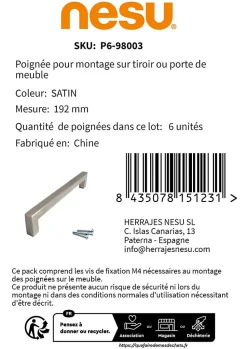 6 Un. poignées de meuble en acier inoxydable qualité AISI-304 cuisine salle de bain- entraxe 192MM