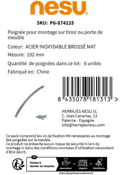 6 Un. poignées de meuble en acier inox mat de cuisine tiroir armoire - entraxe 192MM