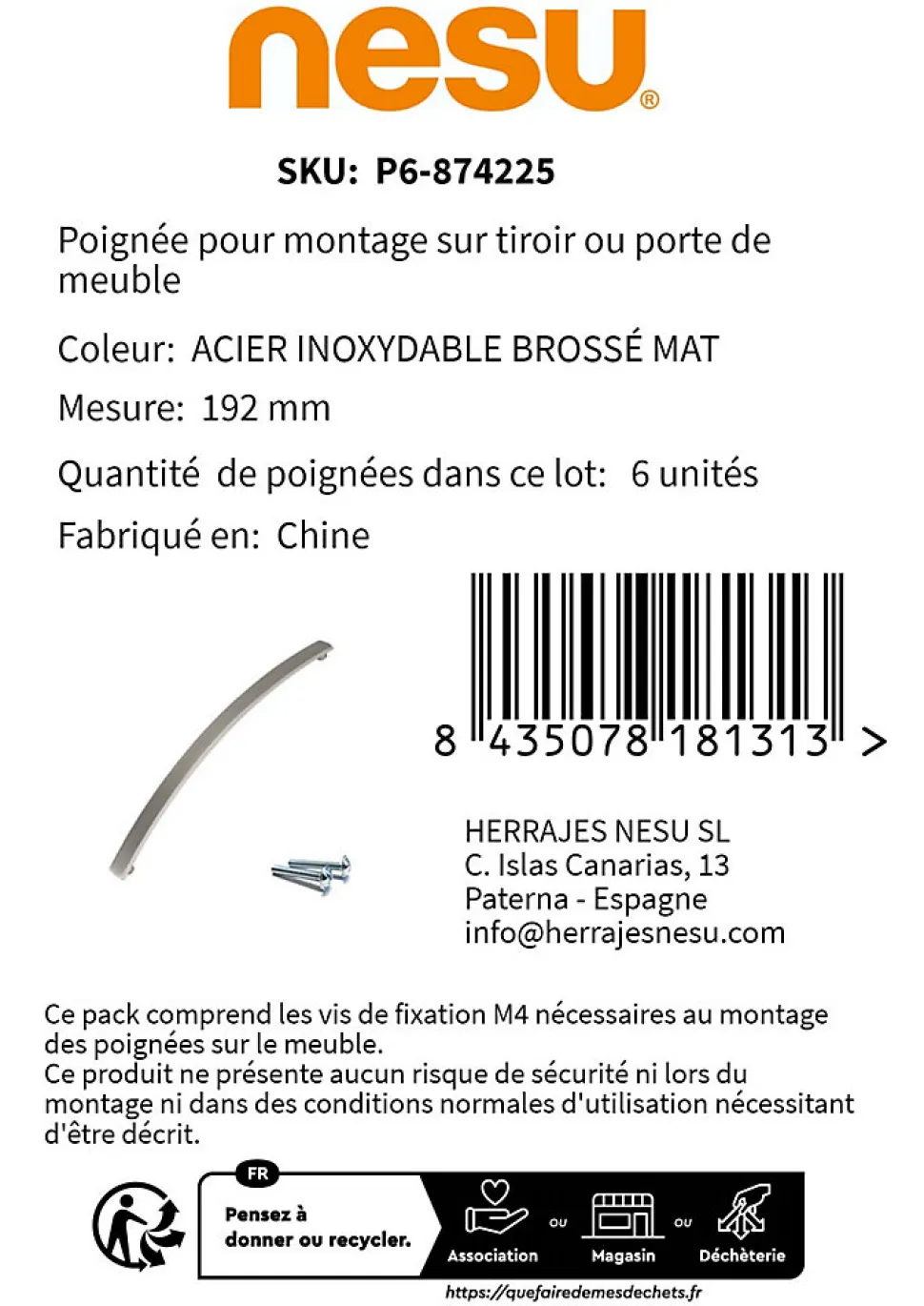 6 Un. poignées de meuble en acier inox mat de cuisine tiroir armoire - entraxe 192MM
