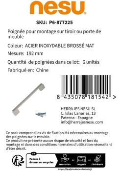 6 Un. poignées de meuble en 192MM inox mat cuisine tiroir armoire