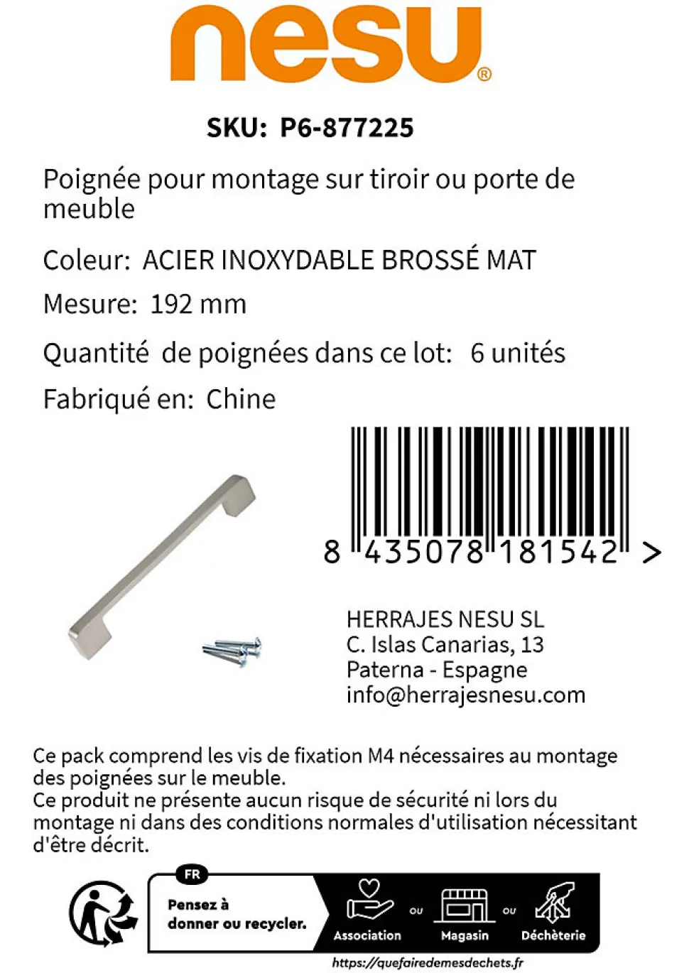 6 Un. poignées de meuble en 192MM inox mat cuisine tiroir armoire