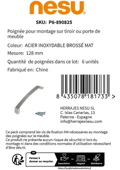 6 Un. poignées de meuble en 128MM inox mat cuisine porte tiroir armoire
