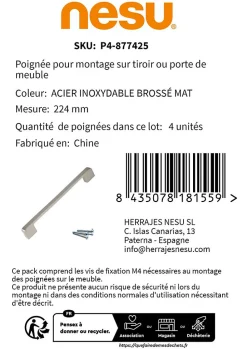 4 Un. poignées de meuble en 224MM inox mat cuisine tiroir armoire