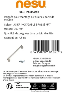 6 Un. poignées de meuble en 160MM inox mat cuisine porte tiroir armoire
