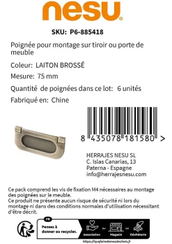 6 Un.poignées de meuble en 64MM laiton brossé pour tiroir armoire