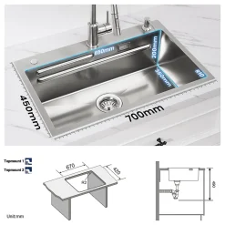 70 x 45 cm Évier de Cuisine avec égouttoirs , Cecipa MAX Évier en Inox Brossé, Évier 1 Bac avec Egouttoir + Vasque