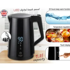 Adler AD 1345 - Bouilloire électrique noire avec affichage LED et régulation de température 1,7 L STRIX