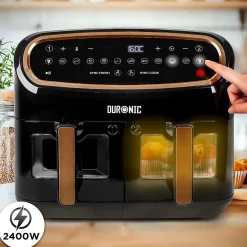 AF34 BG Friteuse à air 2400W Airfryer 3 tiroirs de 5 et 10 litres Sync Cook Sync Finish 10 modes de cuisson Sans huile Duronic