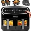 AF34 BK Friteuse à air 2400W Airfryer 3 tiroirs de 5 et 10 litres Sync Cook Sync Finish 10 modes de cuisson Sans huile Duronic