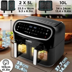 AF34 BK Friteuse à air 2400W Airfryer 3 tiroirs de 5 et 10 litres Sync Cook Sync Finish 10 modes de cuisson Sans huile Duronic