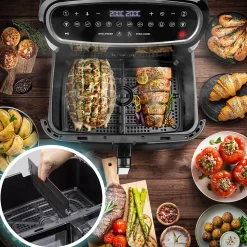AF34 BK Friteuse à air 2400W Airfryer 3 tiroirs de 5 et 10 litres Sync Cook Sync Finish 10 modes de cuisson Sans huile Duronic