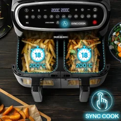 AF24 Friteuse à air 2400W Air fryer 2 tiroirs de 5 litres Sync Cook Sync Finish 10 modes de cuisson Sans huile Duronic