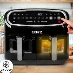 AF24 Friteuse à air 2400W Air fryer 2 tiroirs de 5 litres Sync Cook Sync Finish 10 modes de cuisson Sans huile Duronic
