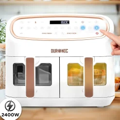 AF34 WE Friteuse à air 2400W Airfryer 3 tiroirs de 5 et 10 litres Sync Cook Sync Finish 10 modes de cuisson Sans huile Duronic