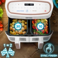 AF34 WE Friteuse à air 2400W Airfryer 3 tiroirs de 5 et 10 litres Sync Cook Sync Finish 10 modes de cuisson Sans huile Duronic