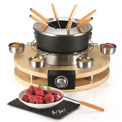 Appareil à fondue - KITCHEN CHEF - 8 personnes - 1300W - Caquelon anti-adhésif - Support en bois véritable