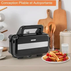 Appareil Croque Monsieur 3 en 1 pour Gaufres, Croques et Sandwichs, Température Réglable 5 Niveaux Protection Surchauffe