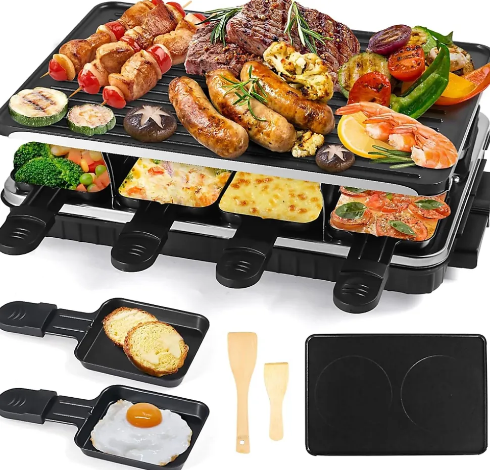 Appareil Raclette 8 Personnes 2-en-1 avec Grill et Poêlons