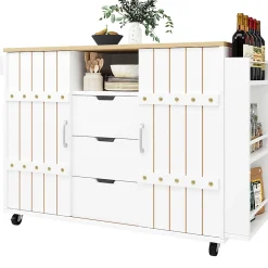 Armoire cuisine, chariot service grain bois, étagère épices, portes coulissantes, blanc