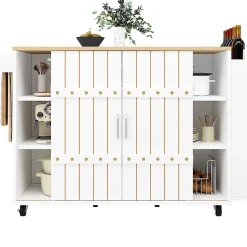 Armoire cuisine, chariot service grain bois, étagère épices, portes coulissantes, blanc