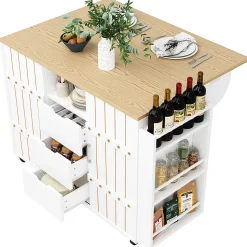 Armoire cuisine, chariot service grain bois, étagère épices, portes coulissantes, blanc