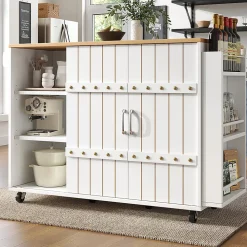 Armoire cuisine, chariot service grain bois, étagère épices, portes coulissantes, blanc