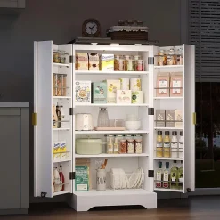 Armoire de cuisine avec éclairage LED et étagère à épices,120x60.5x40cm,blanc, double porte, étagères réglables
