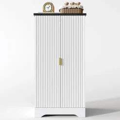 Armoire de cuisine avec éclairage LED et étagère à épices,120x60.5x40cm,blanc, double porte, étagères réglables
