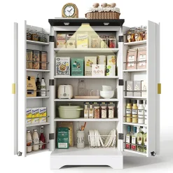 Armoire de cuisine avec éclairage LED et étagère à épices,120x60.5x40cm,blanc, double porte, étagères réglables