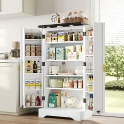 Armoire de cuisine avec éclairage LED et étagère à épices,120x60.5x40cm,blanc, double porte, étagères réglables