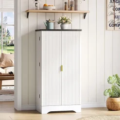 Armoire de cuisine avec éclairage LED et étagère à épices,120x60.5x40cm,blanc, double porte, étagères réglables