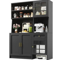 Armoire de cuisine haute avec portes vitrées et éclairage LED,130x45x180cm,noir,buffet