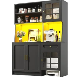 Armoire de cuisine haute avec portes vitrées et éclairage LED,130x45x180cm,noir,buffet