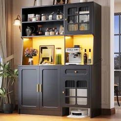 Armoire de cuisine haute avec portes vitrées et éclairage LED,130x45x180cm,noir,buffet