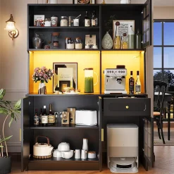 Armoire de cuisine haute avec portes vitrées et éclairage LED,130x45x180cm,noir,buffet