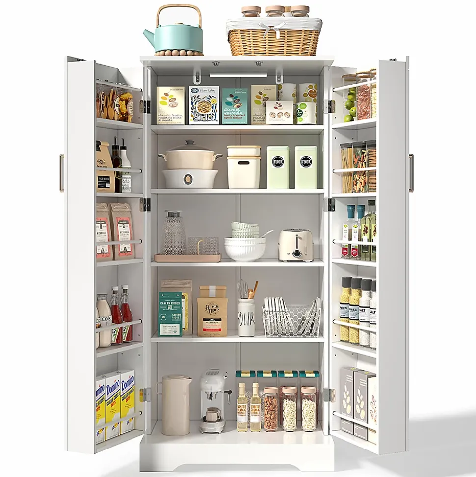 Armoire de cuisine multifonctionnelle,60x35x128cm,blanc,éclairage LED à capteur,étagères réglables,double porte,anti-basculement