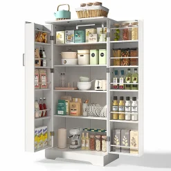 Armoire de cuisine multifonctionnelle,60x35x128cm,blanc,éclairage LED à capteur,étagères réglables,double porte,anti-basculement
