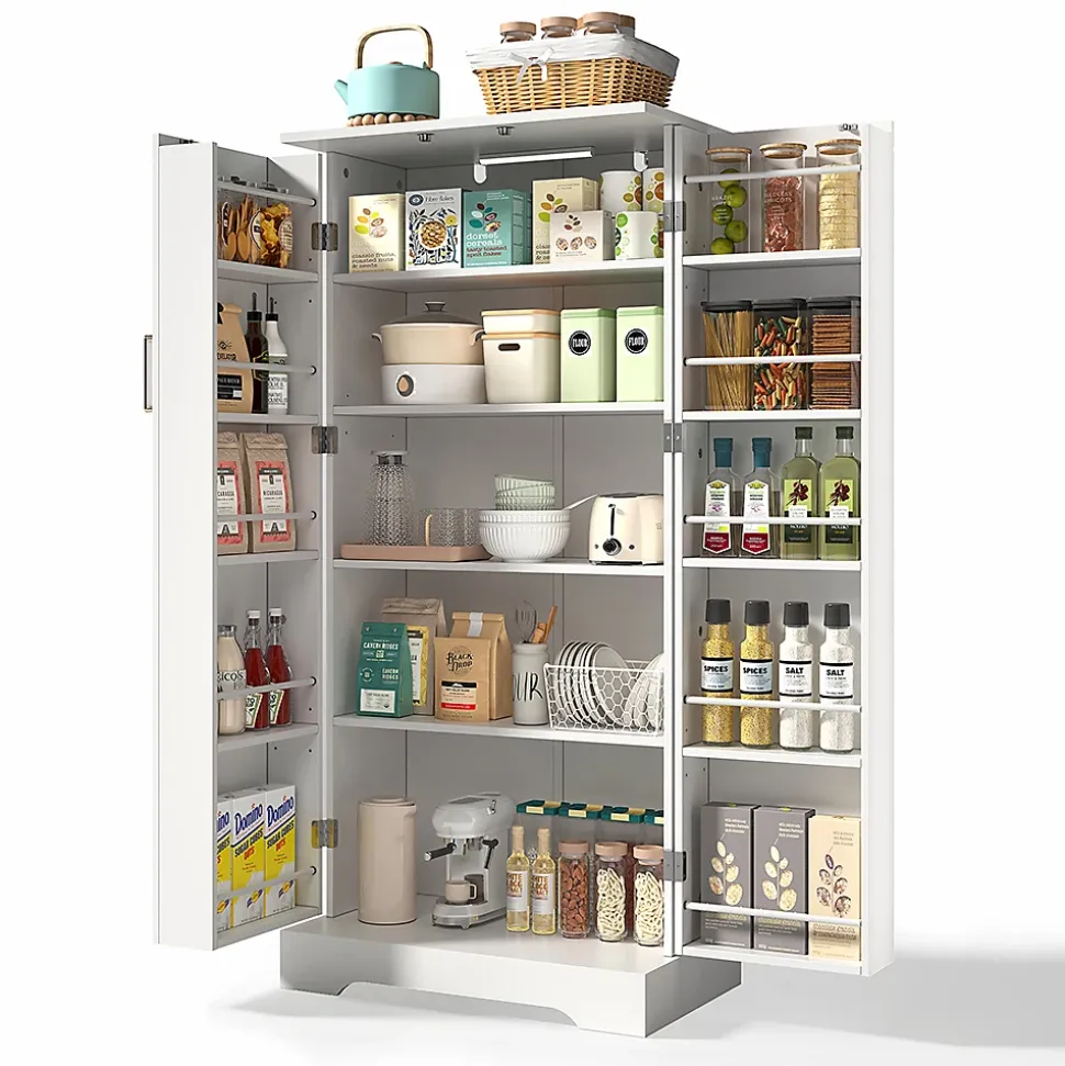 Armoire de cuisine multifonctionnelle,60x35x128cm,blanc,éclairage LED à capteur,étagères réglables,double porte,anti-basculement