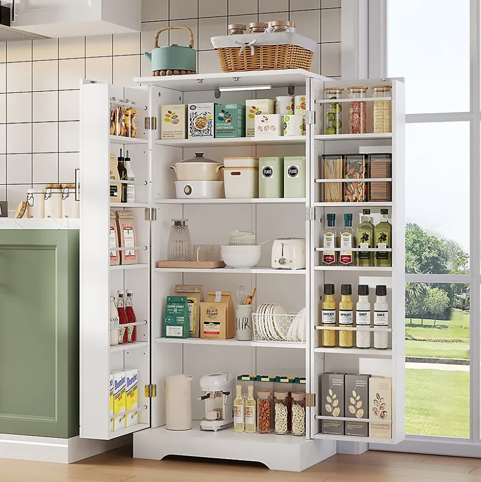 Armoire de cuisine multifonctionnelle,60x35x128cm,blanc,éclairage LED à capteur,étagères réglables,double porte,anti-basculement