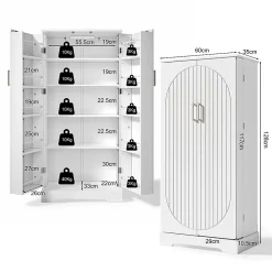 Armoire de cuisine multifonctionnelle,60x35x128cm,blanc,éclairage LED à capteur,étagères réglables,double porte,anti-basculement
