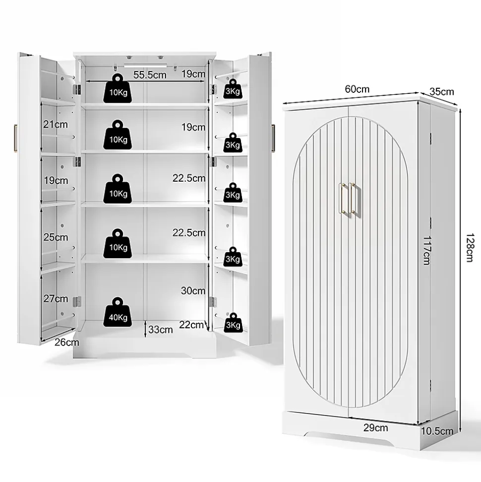 Armoire de cuisine multifonctionnelle,60x35x128cm,blanc,éclairage LED à capteur,étagères réglables,double porte,anti-basculement