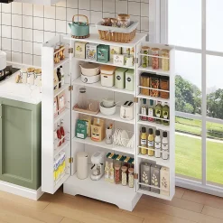 Armoire de cuisine multifonctionnelle,60x35x128cm,blanc,éclairage LED à capteur,étagères réglables,double porte,anti-basculement