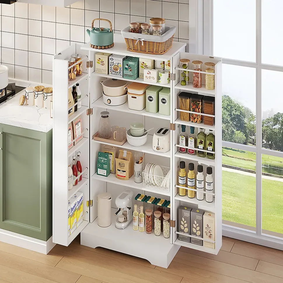 Armoire de cuisine multifonctionnelle,60x35x128cm,blanc,éclairage LED à capteur,étagères réglables,double porte,anti-basculement