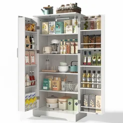 Armoire de cuisine multifonctionnelle,60x35x128cm,blanc,éclairage LED,étagères réglables,double porte