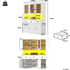 Armoire de cuisine,140x40x175cm,blanc/noir,haute buffet vitrine étagères réglables éclairage LED couleurs variables
