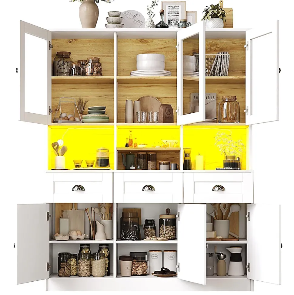 Armoire de cuisine,140x40x175cm,blanc/noir,haute buffet vitrine étagères réglables éclairage LED couleurs variables